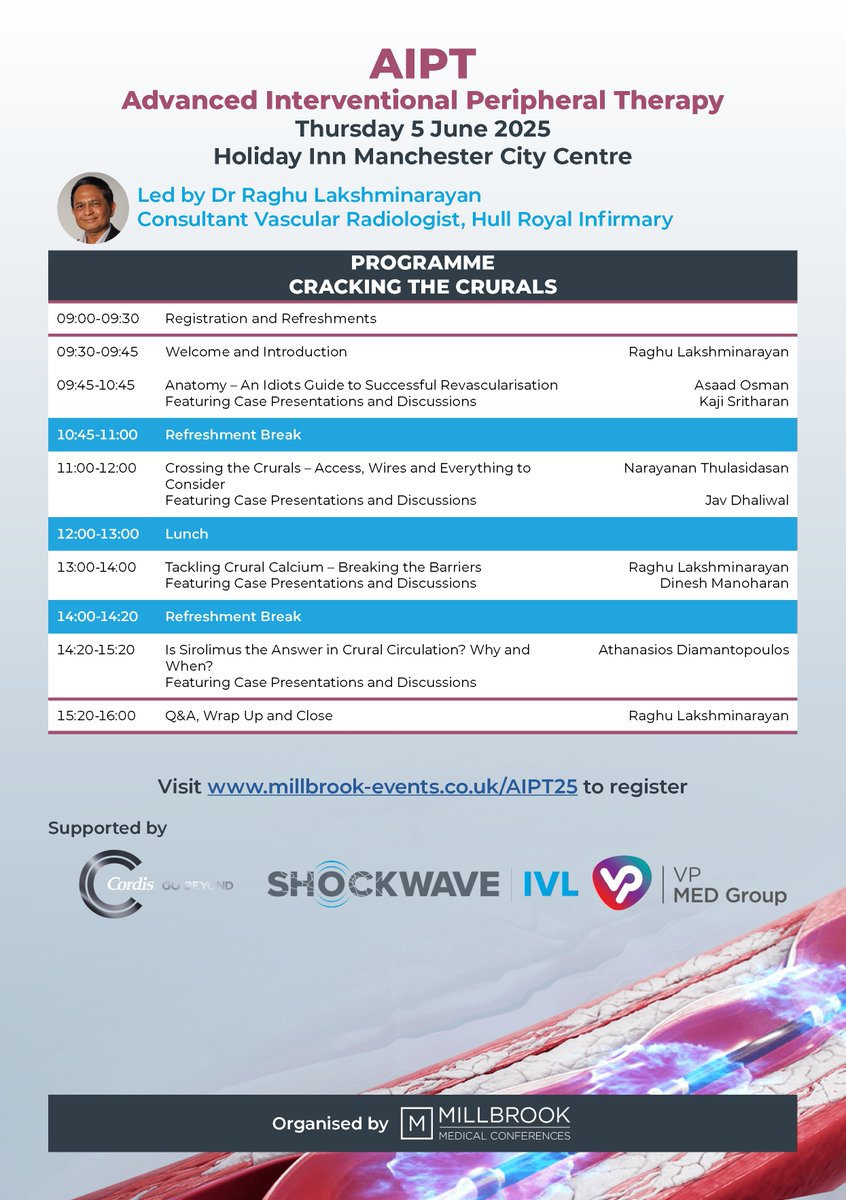 Millbrook Medical Conferences (@millbrookmed) on Twitter photo AIPT has been awarded 5 CPD Credits by <a href="/RCSnews/">The Royal College of Surgeons of England</a>!
We also have a new faculty member joining the team, welcome Dr Asaad Osman 🎉
Join us Thursday 5th June in Manchester where we aim to:
- Give you an understanding of optimal vessel preparation with IVL
- Explore the current AIPT has been awarded 5 CPD Credits by <a href="/RCSnews/">The Royal College of Surgeons of England</a>!
We also have a new faculty member joining the team, welcome Dr Asaad Osman 🎉
Join us Thursday 5th June in Manchester where we aim to:
- Give you an understanding of optimal vessel preparation with IVL
- Explore the current