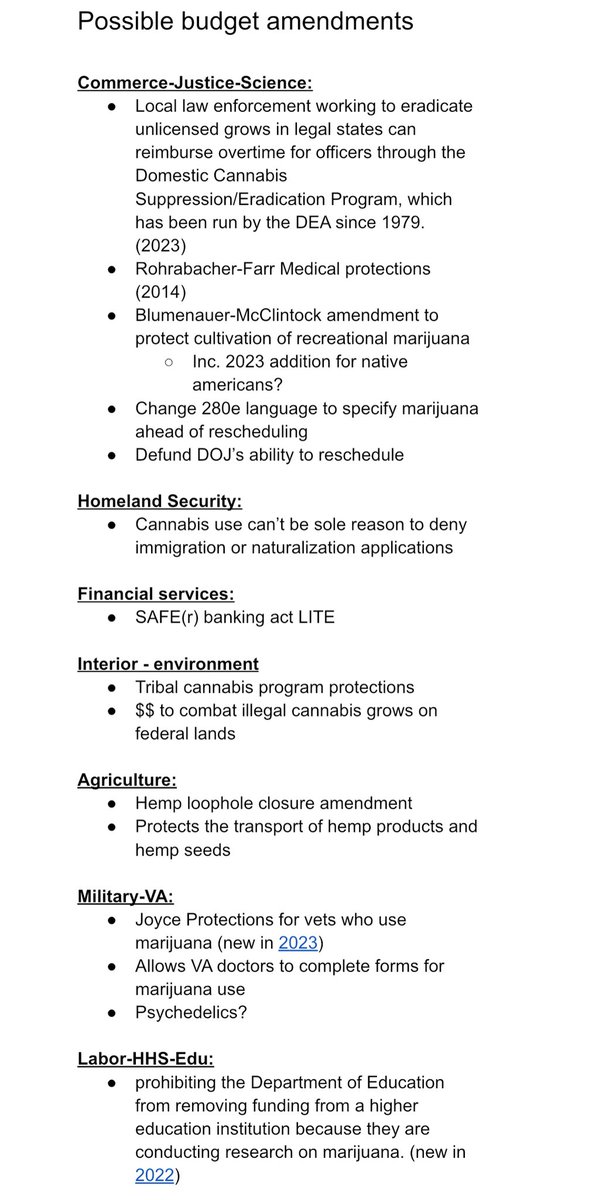 Cannabis in the big beautiful bill?

Here’s my non-exhaustive list of amendments that could be introduced, either because they reflect a bill that’s already been intro’d in this Congress or they’re budget/Approps amendments from previous years:
