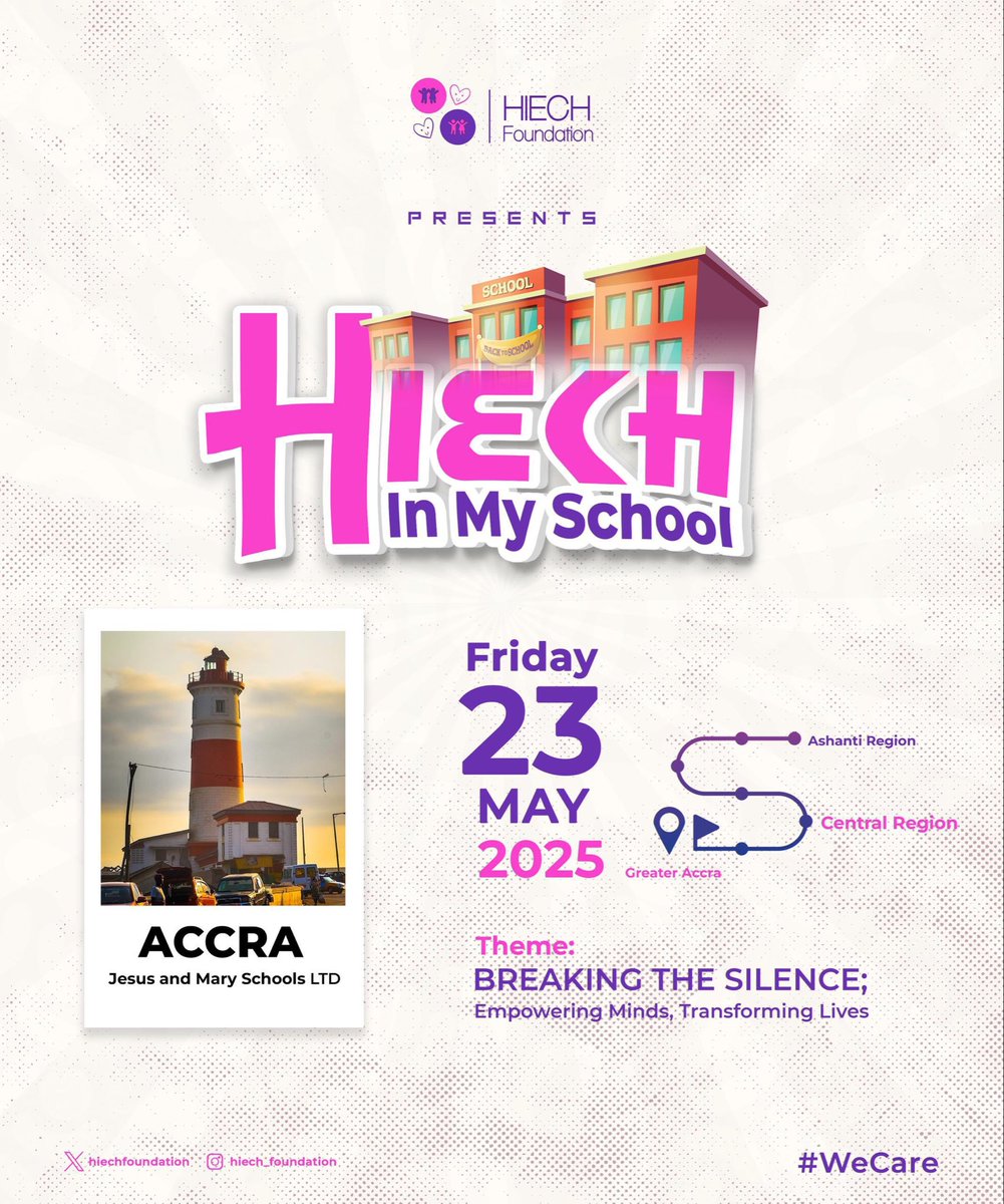 hiechfoundation's tweet photo. Accra!
Meet us at Jesus and Mary Schools ltd on the 23rd of May 2025.
The Agenda still holds, we’ll be breaking the silence and empowering minds.✨

See you there!
#WeCare💜 https://t.co/U1m4GnkTVK