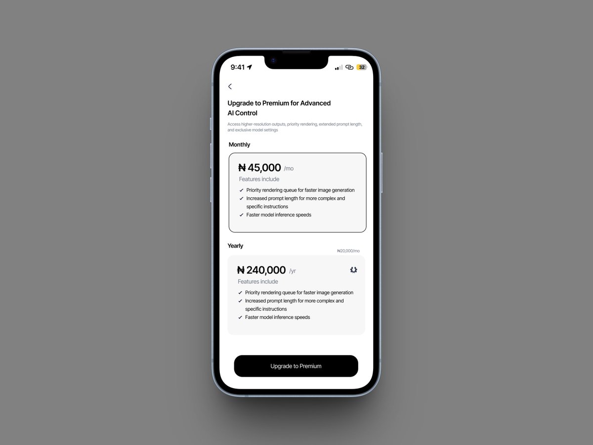 2thewurldd's tweet image. Just designed this premium screen for an AI image gen app. Focused on clean pricing, fast decisions, and that &quot;take my money&quot; energy.
If you’re building cool stuff and need a UI/Product Designer – I’m around 👀
DMs are open!

#UIDesign #Figma #MobileDesign #DesignTwitter