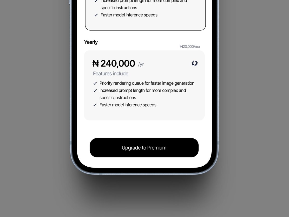 2thewurldd's tweet image. Just designed this premium screen for an AI image gen app. Focused on clean pricing, fast decisions, and that &quot;take my money&quot; energy.
If you’re building cool stuff and need a UI/Product Designer – I’m around 👀
DMs are open!

#UIDesign #Figma #MobileDesign #DesignTwitter