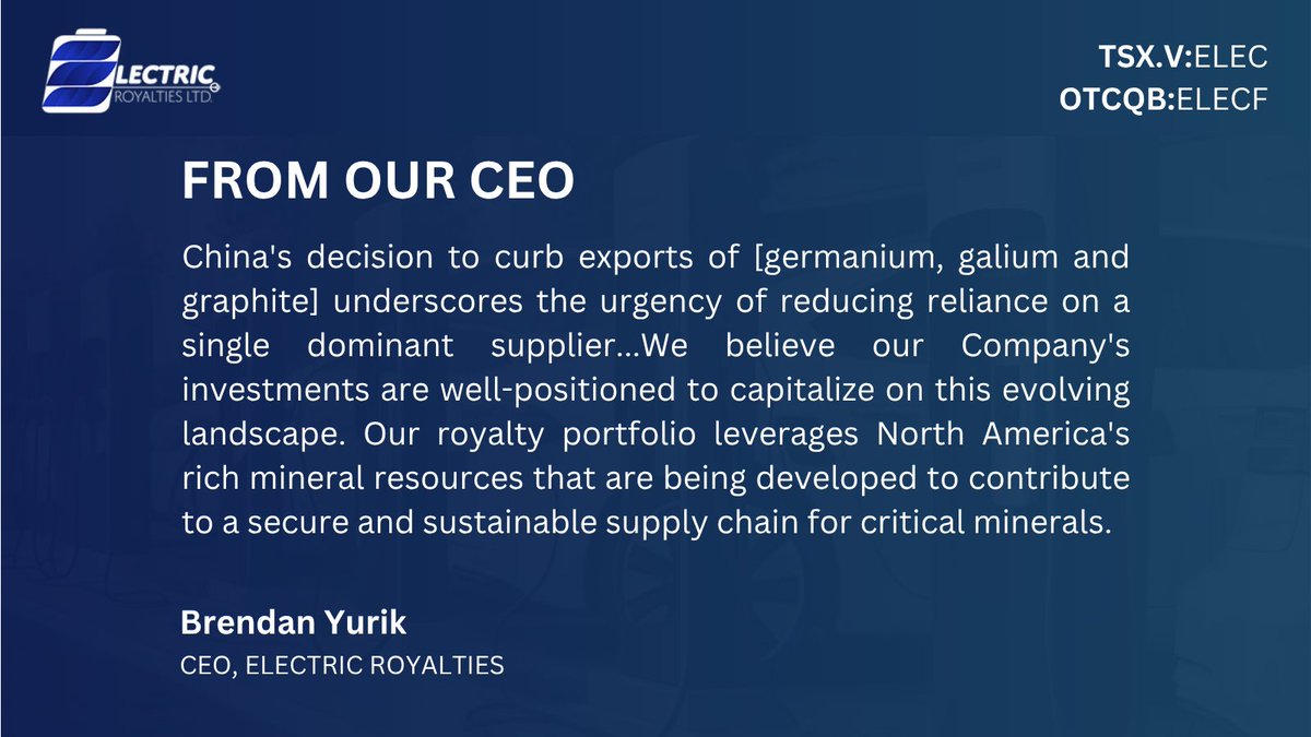 #NEWS – China's Mineral Export Ban Reinforces Electric Royalties' Long-Term Strategic Focus on Projects Located in Safer Jurisdictions. Full release: accessnewswire.com/newsroom/en/me…

#germanium #galium #graphite #mining #metals #criticalminerals $ELEC