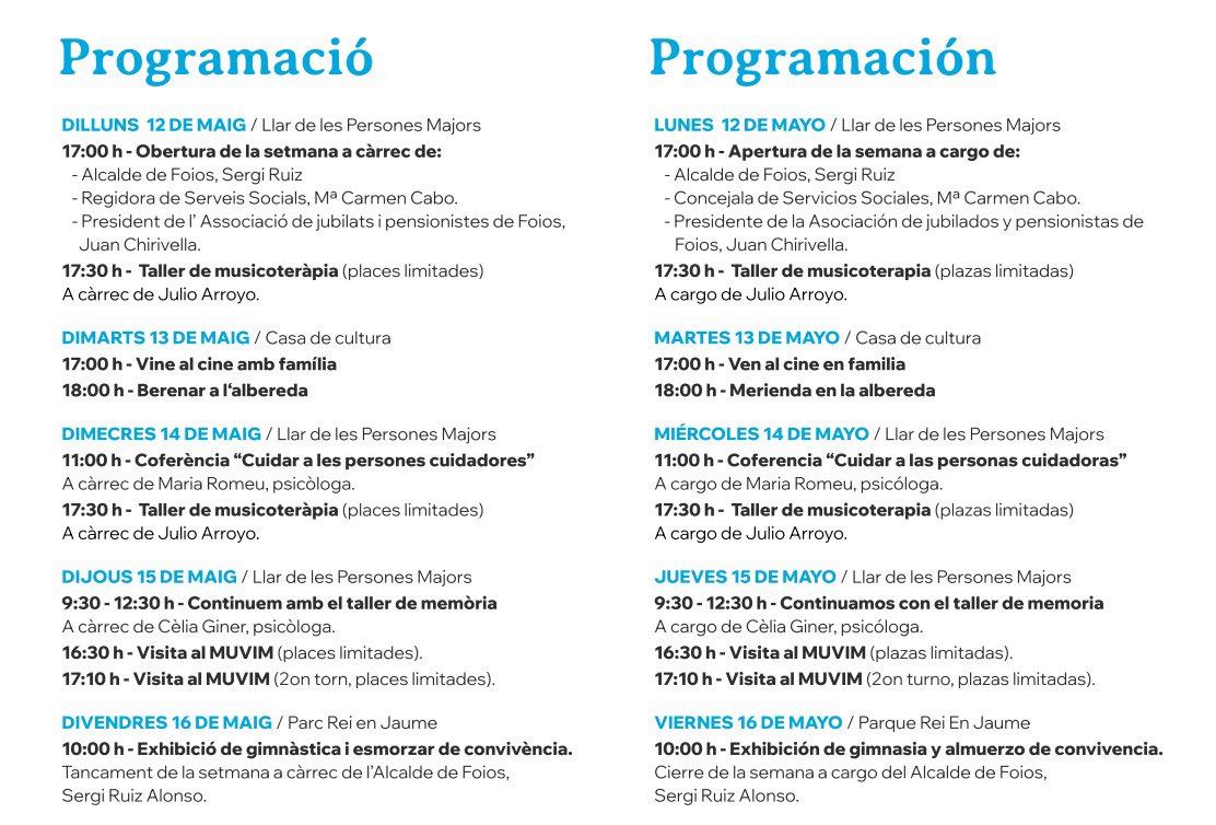 Seguim amb la 36 setmana social de les persones majors. Hui cine, una peli molt divertida.
Demà 14 maig
🔴 Xarrada “Cuidar a les persones cuidadores”
⏰11.00h
📍Llar de les persones majors

🔴Taller de musicoteràpia (complet)
⏰17.30h
📍Llar de les persones majors