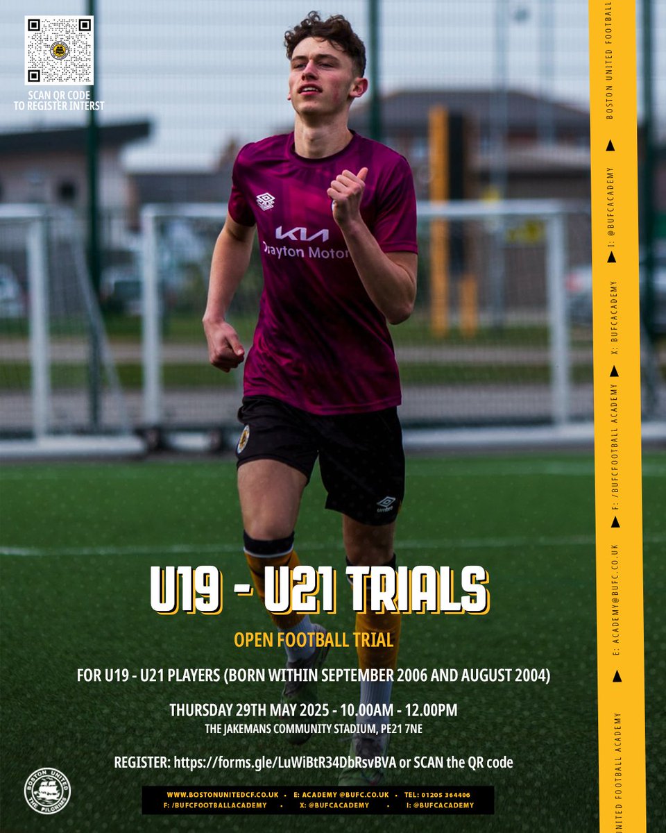 Boston United Football Academy (@bufcacademy) on Twitter photo 🚨U19-U21 Trials at <a href="/bostonunited/">Boston United</a>
📅 Thursday 29th May 2025
📍The Jakemans Community Stadium
⏲️ 10.00 am – 12.00 pm
📚 Education Options are also available
🔗 To register or for more details, head to forms.gle/LuWiBtR34DbRsv… 🚨U19-U21 Trials at <a href="/bostonunited/">Boston United</a>
📅 Thursday 29th May 2025
📍The Jakemans Community Stadium
⏲️ 10.00 am – 12.00 pm
📚 Education Options are also available
🔗 To register or for more details, head to forms.gle/LuWiBtR34DbRsv…
