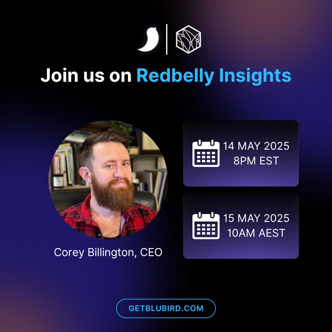 Blubird (@blubird_app) on Twitter photo Join Blubird's CEO & Founder Corey Billington and our partner <a href="/RedbellyNetwork/">Redbelly Network</a> tomorrow for Episode 3 of Redbelly Insights to discuss how Blubird is rethinking Web3 infrastructure for founders, asset managers, and investors.
🗓️ 15 May 2025 - 10 AM AEST | 14 May 8PM EST
📍 Watch Join Blubird's CEO & Founder Corey Billington and our partner <a href="/RedbellyNetwork/">Redbelly Network</a> tomorrow for Episode 3 of Redbelly Insights to discuss how Blubird is rethinking Web3 infrastructure for founders, asset managers, and investors.
🗓️ 15 May 2025 - 10 AM AEST | 14 May 8PM EST
📍 Watch