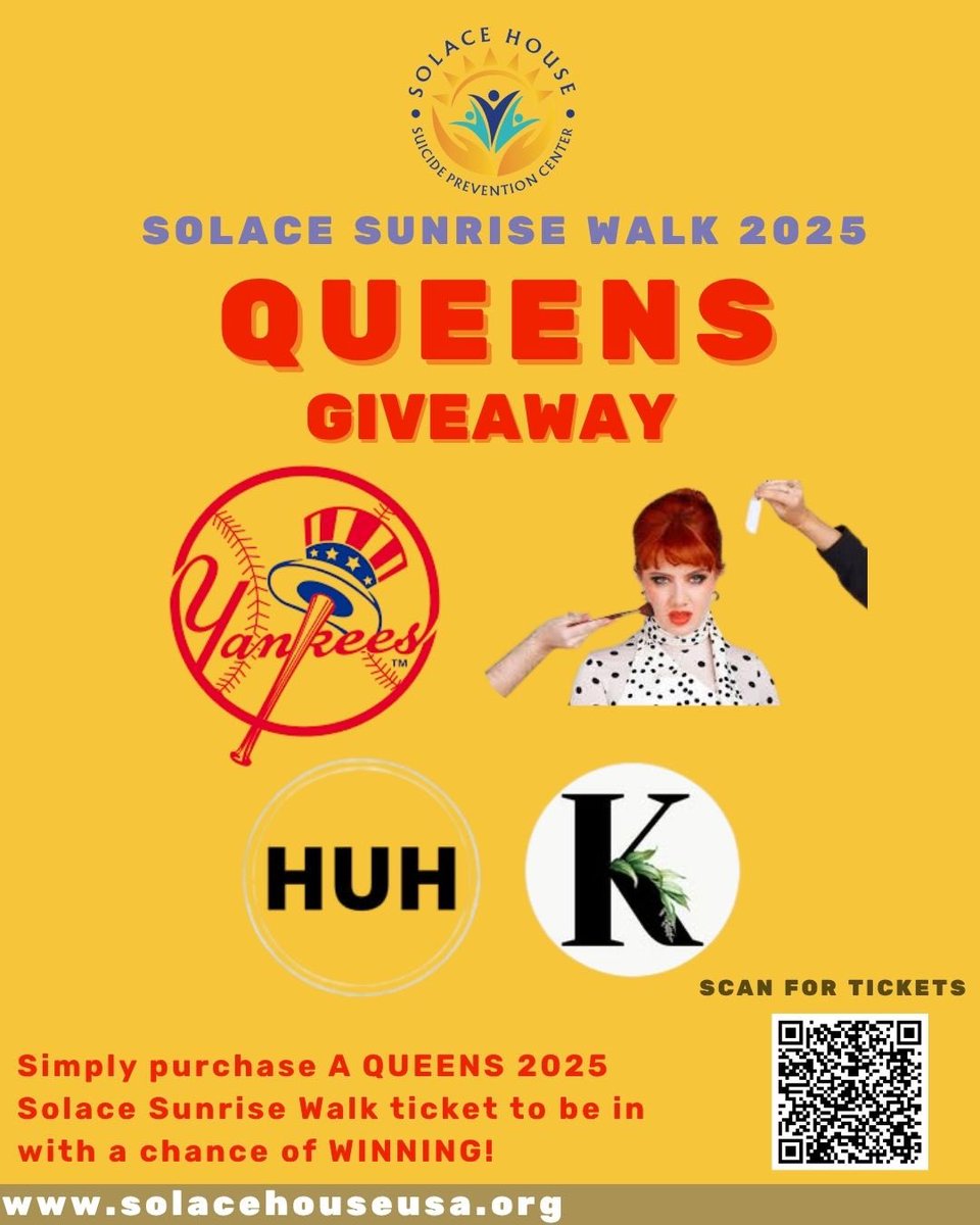 With a QUEENS SSW ticket you may win one of: 

⚾️ 2 Yankees ML Tickets for select 2025 home games + $30 food &amp; drink voucher

🎶 2 Tickets to CMAT @ Webster Hall – Sept 18

🛍️ €100 Voucher - HUH Apparel

💅 BIAB Manicure by KOD Nails

#SolaceSunriseWalk #SolaceHouse #Giveaway