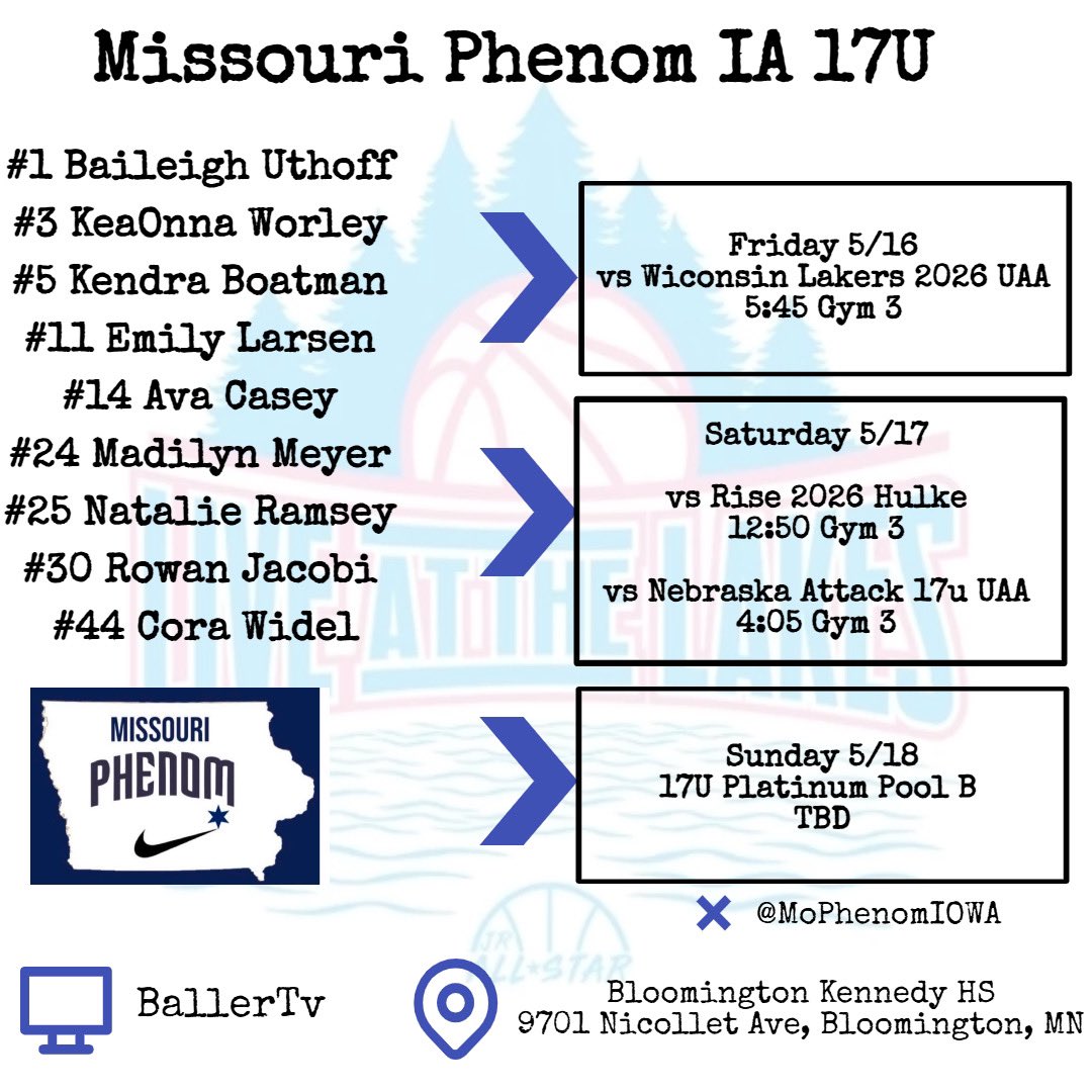 Missouri Phenom - Iowa (@mophenomiowa) on Twitter photo 17u schedule for Live at the lakes in MN this weekend. Come check us out! <a href="/JrAllStarBB/">Jr. All-Star Girls Basketball</a> 17u schedule for Live at the lakes in MN this weekend. Come check us out! <a href="/JrAllStarBB/">Jr. All-Star Girls Basketball</a>