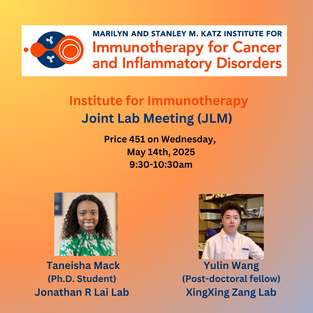 Katz Institute for Immunotherapy (@ifi_einstein) on Twitter photo 🚨 Join us for an exciting JLM Session!!
📅 May 14th
🔬 Topics: #CARTcells & #Immunotherapy
🧠 Speakers: Taneisha Mack (Jonathan R Lai Lab) & Yulin Wang (<a href="/xingxing_zang/">XingXing Zang</a> Lab)
<a href="/EinsteinPhD/">EinsteinPhD</a>
<a href="/ae_cancercenter/">ME Cancer Center</a>
<a href="/EinsteinMSTP/">EinsteinMSTP</a>
<a href="/EinsteinMed/">Albert Einstein College of Medicine - Official</a>
<a href="/MontefioreNYC/">Montefiore Health System</a> 🚨 Join us for an exciting JLM Session!!
📅 May 14th
🔬 Topics: #CARTcells & #Immunotherapy
🧠 Speakers: Taneisha Mack (Jonathan R Lai Lab) & Yulin Wang (<a href="/xingxing_zang/">XingXing Zang</a> Lab)
<a href="/EinsteinPhD/">EinsteinPhD</a>
<a href="/ae_cancercenter/">ME Cancer Center</a>
<a href="/EinsteinMSTP/">EinsteinMSTP</a>
<a href="/EinsteinMed/">Albert Einstein College of Medicine - Official</a>
<a href="/MontefioreNYC/">Montefiore Health System</a>