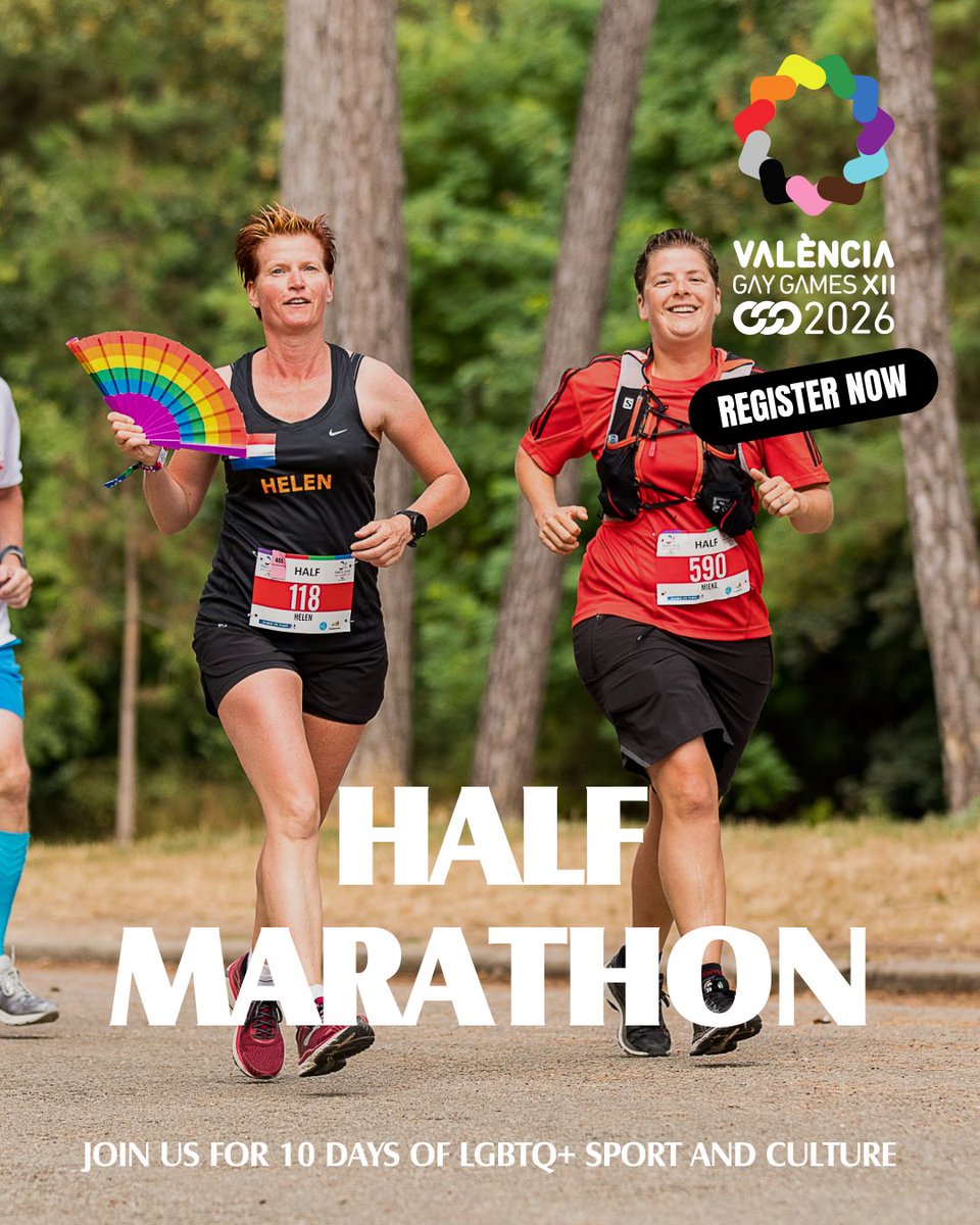 13.1 miles of strength, joy, and pride! 🏃🏽‍♀️🏁 Registration is OPEN for Gay Games XII 2026 in València - the half marathon is calling, and you're ready to rise. 🏳️‍🌈 gaygamesvalencia2026.com