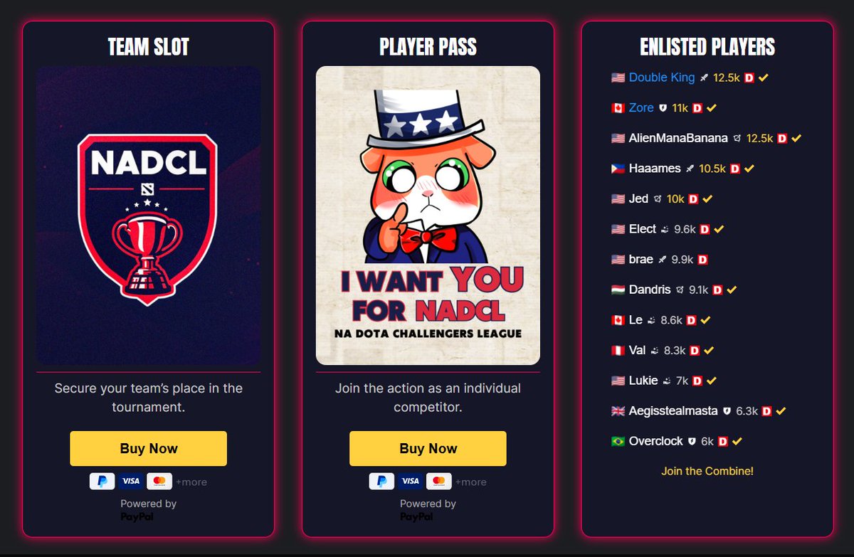 🏆 <a href="/NADotaEsports/">NA Dota Esports</a> Season 8!

📝 Join the Player Combine: forms.gle/g4gPYkYCUkyd8U…

🤖 Discord: discord.gg/ZFJSngw6ZC

🌐 More info: chompix.gg/pages/nadcl

#NADCLS8 #Dota2 #Esports
