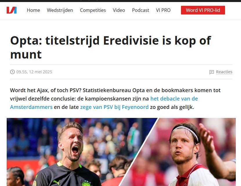OptaAIStudio's tweet image. How @OptaJohan&apos;s 𝙾𝚙𝚝𝚊 𝙿𝚛𝚎𝚍𝚒𝚌𝚝𝚘𝚛 sparked nationwide debate.

After a dramatic weekend of #Eredivisie play, the #AI-driven prediction model shows Ajax and PSV locked in a 50/50 title race with only two matches left.

Here&apos;s how the media is using the supercomputer. ⬇️