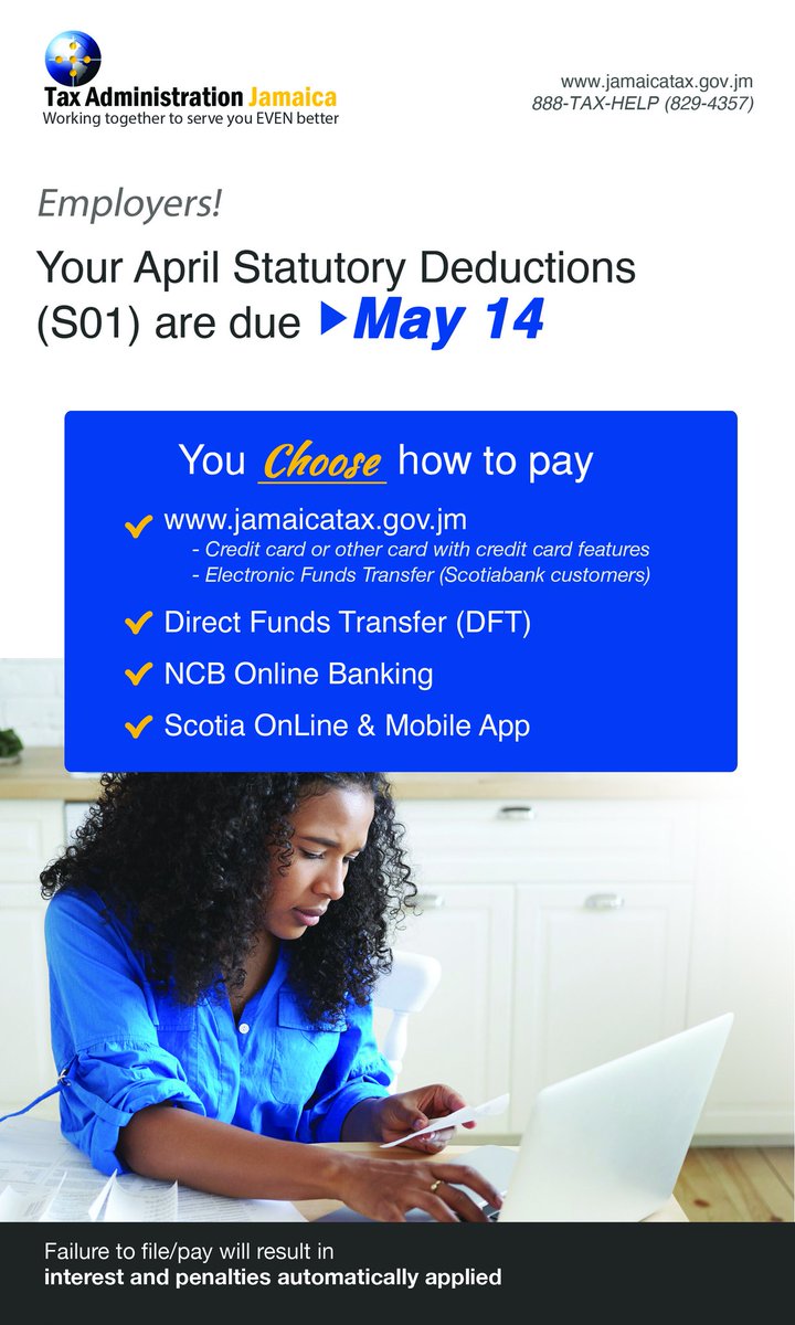 Employers!!!

File &amp; pay payroll deductions for April 2025, due Wednesday, May 14. 

#TaxCompliantJA
#TaxSMART
#changingthewaywedobusiness

@loopnewsjamaica @jamaicagleaner @suncity104_9fm @love101fmjamaica