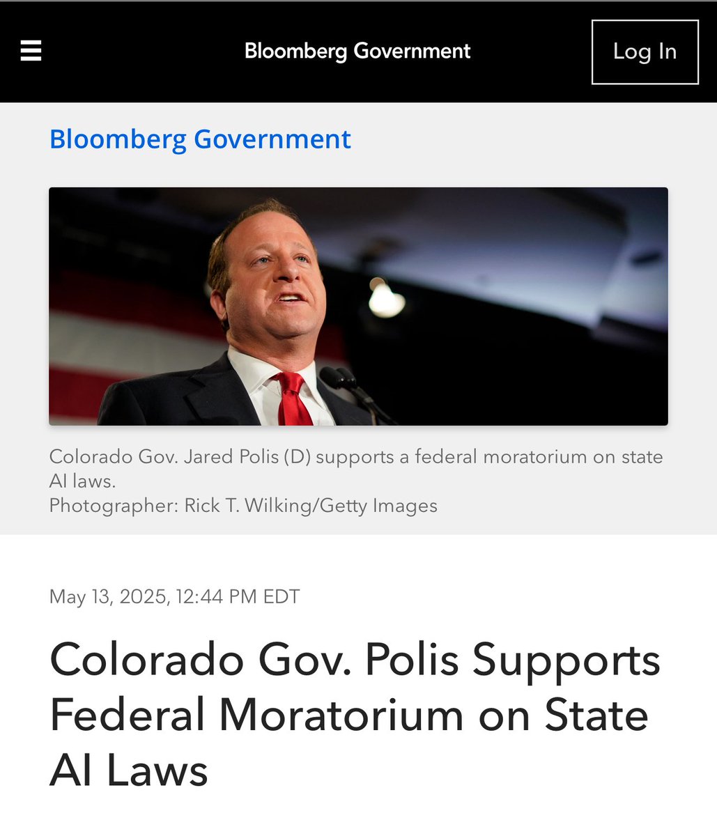 It says a lot that the one governor whose state has enacted “comprehensive” AI regulation supports a moratorium on state-based AI regulation.