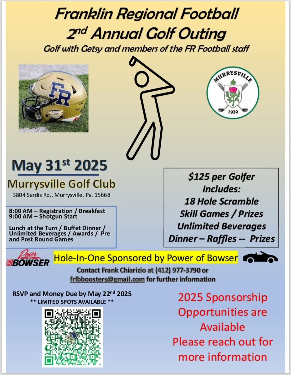 Franklin Regional Football (@_fr_football) on Twitter photo Calling all FR Football Panther Alumni....
Enjoy a day of Golf with your teammates at the 2nd Annual Golf outing.Β Β
May 31st @ Murrysville Golf Club
Many prize opportunities, including a 2025 Chevy Colorado ZR2.
zeffy.com/en-US/ticketinβ¦
Frank Chiarizio
fchiarizio@gmail.com Calling all FR Football Panther Alumni....
Enjoy a day of Golf with your teammates at the 2nd Annual Golf outing.Β Β
May 31st @ Murrysville Golf Club
Many prize opportunities, including a 2025 Chevy Colorado ZR2.
zeffy.com/en-US/ticketinβ¦
Frank Chiarizio
fchiarizio@gmail.com