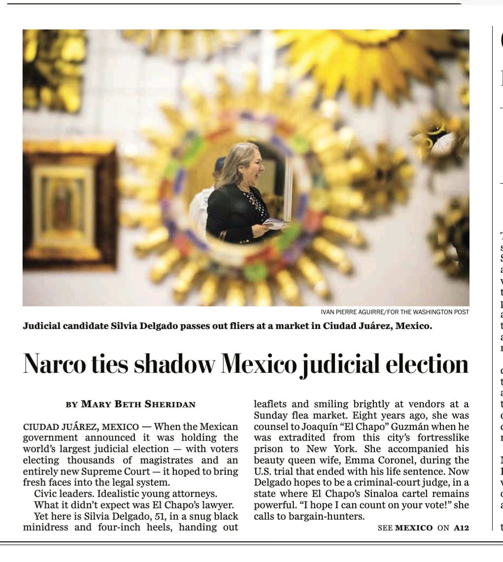 DeniseDresserG's tweet photo. El @washingtonpost publica un artículo importante sobre la infiltración del narco en la elección del poder judicial. La abogada de El Chapo es candidata en Ciudad Juárez. Un ejemplo más de la farsa y el auto-golpe que ocurrirá el 1 de junio. 

Se nos dijo que  era necesario destruir un Poder Judicial corrupto, elitista y capturado. Ahora tendremos uno más corrupto, más elitista y más capturado por el partido/gobierno y el crimen organizado.