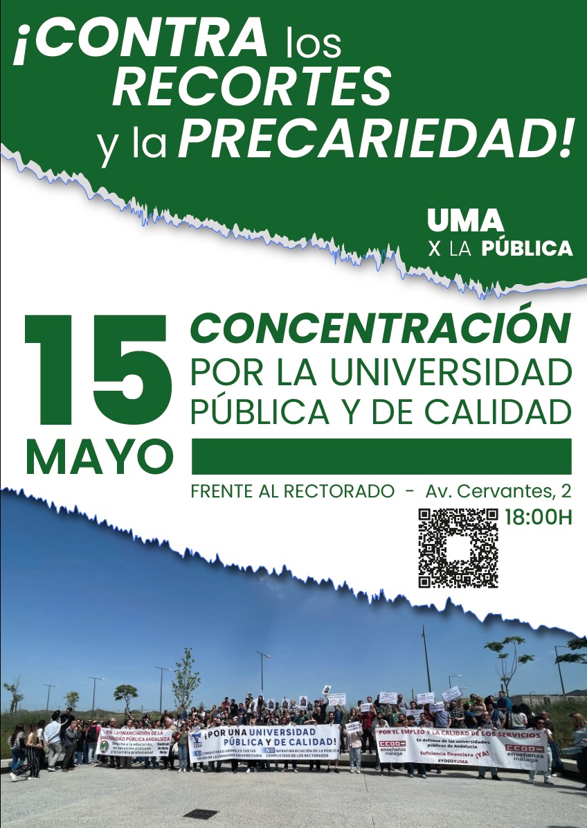 📢 Nos vemos este jueves a las 18h frente al Rectorado (Avda. Cervantes, 2). ¡Contra los recortes y la precariedad.   

📷 Echad un vistazo al Instagram (umaxlapublica) y a la web (umaxlapublica.github.io) de la coordinadora para más información.   

¡Os esperamos!  💪