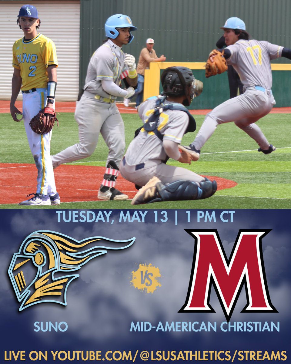 SUNO Knights Athletics (@sunoathletics) on Twitter photo GAME DAY!!
๐ <a href="/GoMACUBaseball/">Mid-Atlantic Christian University Baseball</a>
๐ Pilot Field, Shreveport, LA
โ 1 p.m. CT
๐บ @lsusathletics YouTube
#TheFirst #NotTheLast #SUNOKNIGHTLIFE #SUNOKNIGHTSBASEBALL #WhereWinnersThrive GAME DAY!!
๐ <a href="/GoMACUBaseball/">Mid-Atlantic Christian University Baseball</a>
๐ Pilot Field, Shreveport, LA
โ 1 p.m. CT
๐บ @lsusathletics YouTube
#TheFirst #NotTheLast #SUNOKNIGHTLIFE #SUNOKNIGHTSBASEBALL #WhereWinnersThrive