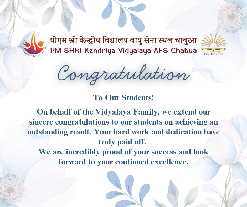 PM SHRI Kendriya Vidyalaya AFS CHABUA (@kchabua) on Twitter photo A proud moment for <a href="/KChabua/">PM SHRI Kendriya Vidyalaya AFS CHABUA</a> as we celebrate the remarkable achievement of our students.
Heartfelt congratulations on your well-deserved success!
<a href="/KVS_HQ/">Kendriya Vidyalaya Sangathan</a>
<a href="/KVSRO_TINSUKIA/">KVS RO TINSUKIA</a>
<a href="/mygovindia/">MyGovIndia</a>
<a href="/EduMinOfIndia/">Ministry of Education</a>
<a href="/FanpageKvs/">KVS Fan Page</a> A proud moment for <a href="/KChabua/">PM SHRI Kendriya Vidyalaya AFS CHABUA</a> as we celebrate the remarkable achievement of our students.
Heartfelt congratulations on your well-deserved success!
<a href="/KVS_HQ/">Kendriya Vidyalaya Sangathan</a>
<a href="/KVSRO_TINSUKIA/">KVS RO TINSUKIA</a>
<a href="/mygovindia/">MyGovIndia</a>
<a href="/EduMinOfIndia/">Ministry of Education</a>
<a href="/FanpageKvs/">KVS Fan Page</a>