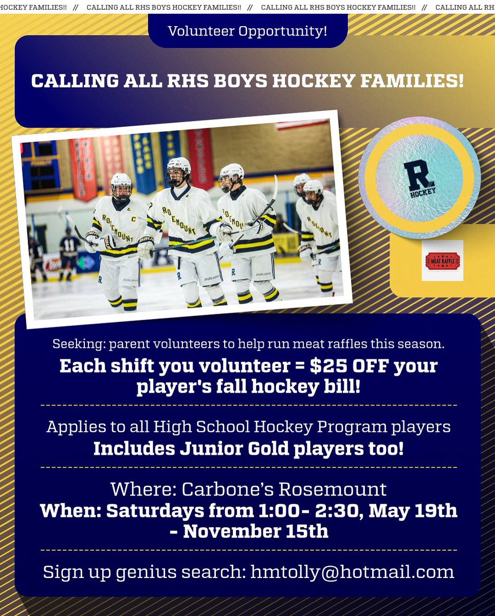 Seeking- Meet Raffle Volunteers!
Each shift you volunteer = $25 OFF your player's fall hockey bill!
✅ Applies to all High School Hockey players
✅ Includes Junior Gold players too!
📍 Carbone’s Rosemount
 📅 Saturdays from 1:00- 2:30, May 19th  - November 15th