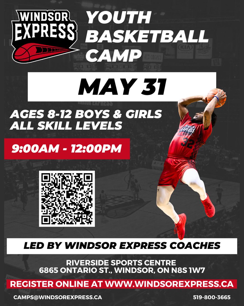 🏀 Calling all young ballers!

Join the Windsor Express Youth Basketball Camp on May 31st at Riverside Sports Centre! Open to ages 8–12, all skill levels welcome.
Register Here: bit.ly/3Snj1NH

🔥 Learn from the pros
🎯 Build your skills
🍎 Enjoy snacks &amp; win prizes