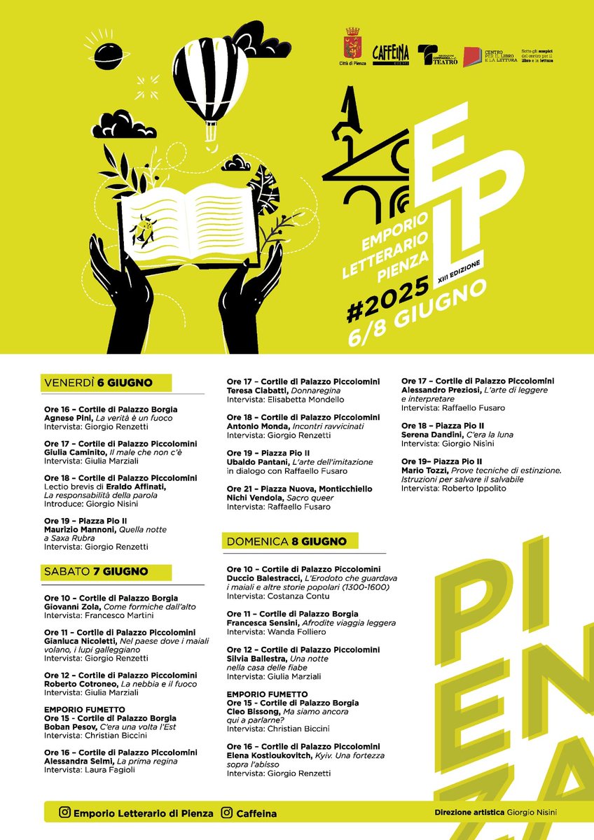 Comune della Città di Pienza (@cittapienza) on Twitter photo 📚 L' #EmporioLetterariodiPienza n° 13!
Tra gli ospiti, #RobertoCotroneo, #SerenaDandini, #ElenaKostioukovitch, #MaurizioMannoni, #UbaldoPantani, #AlessandroPreziosi, #MarioTozzi, #NichiVendola.
Direzione artistica di <a href="/giorgionisini/">Giorgio Nisini</a>.
#Pienza
#Valdorcia
#Toscana
#Libri 📚 L' #EmporioLetterariodiPienza n° 13!
Tra gli ospiti, #RobertoCotroneo, #SerenaDandini, #ElenaKostioukovitch, #MaurizioMannoni, #UbaldoPantani, #AlessandroPreziosi, #MarioTozzi, #NichiVendola.
Direzione artistica di <a href="/giorgionisini/">Giorgio Nisini</a>.
#Pienza
#Valdorcia
#Toscana
#Libri
