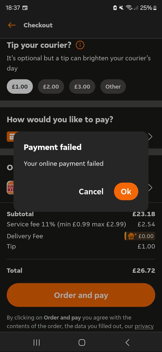 sarah____x's tweet photo. @JustEatUK Why do I keep getting this error message? I can't place an order and I'm hungry. 100% enough money in my account :( https://t.co/YB2ZdcopuA