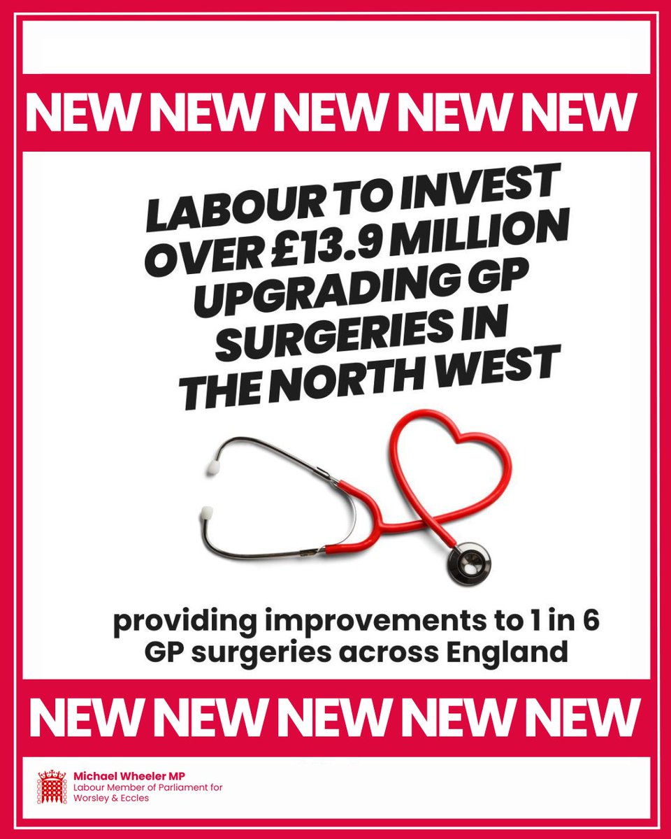 Michael Wheeler MP (@mwheelermp) on Twitter photo Getting through to your GP shouldn’t feel impossible.
Thanks to <a href="/UKLabour/">The Labour Party</a>, 5 surgeries in #WorsleyAndEccles are set for vital upgrades - helping cut waits and improve facilities. 👇
🏥 Salford PCT
🏥 Springfield House
🏥 Dr Sivakumar & Dr Gude
🏥 Dr Vardhan
🏥 Irlam Clinic Getting through to your GP shouldn’t feel impossible.
Thanks to <a href="/UKLabour/">The Labour Party</a>, 5 surgeries in #WorsleyAndEccles are set for vital upgrades - helping cut waits and improve facilities. 👇
🏥 Salford PCT
🏥 Springfield House
🏥 Dr Sivakumar & Dr Gude
🏥 Dr Vardhan
🏥 Irlam Clinic