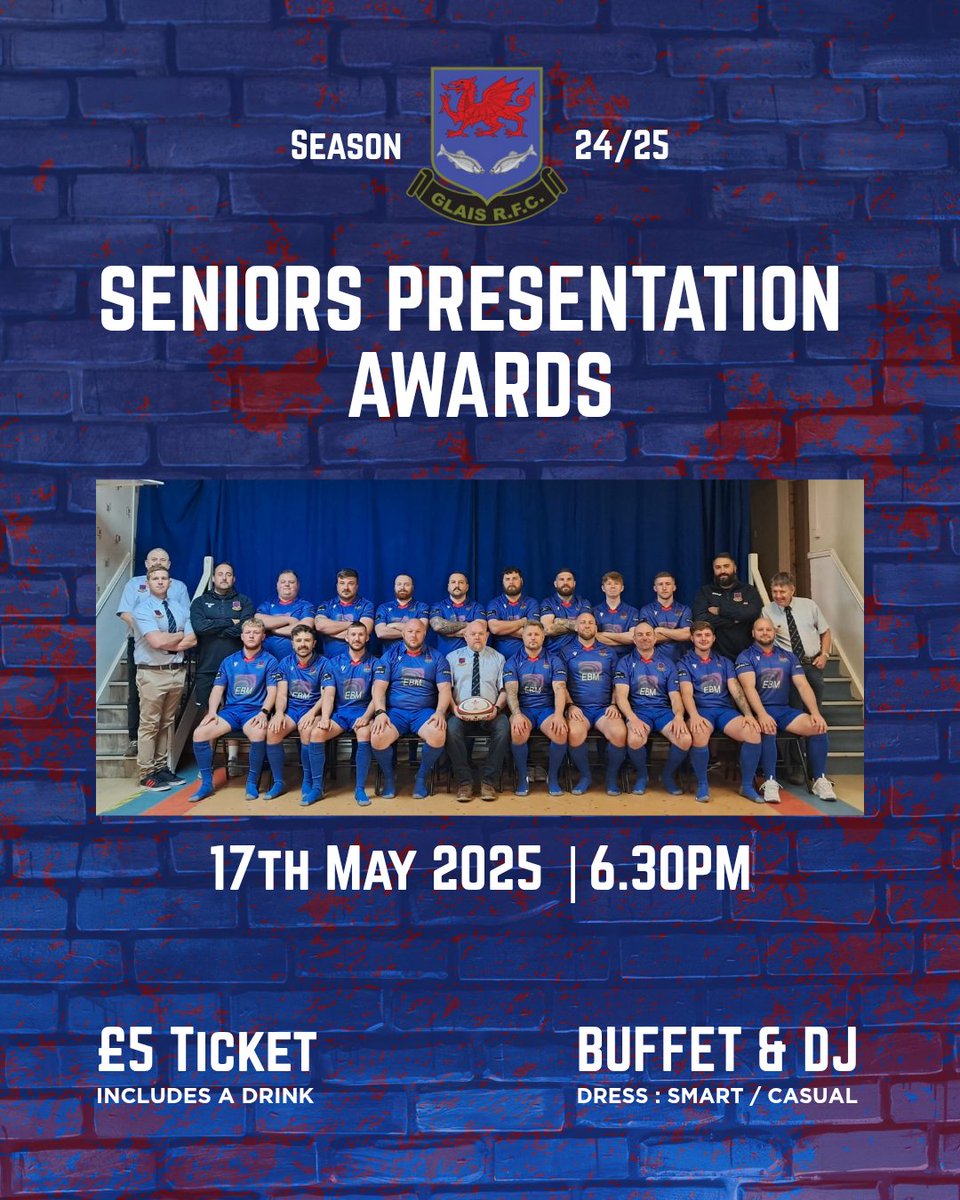 🎉🏉 Glais RFC Seniors Presentation Evening 🏉🎉

Come celebrate the end of the 24/25 season with us 🎊

📅 Date: 17th May 2025
⏰ Time: 6.30pm
🎟️ Tickets: £5 (includes a drink 🍻) 

#GlaisRFC #presentationevening