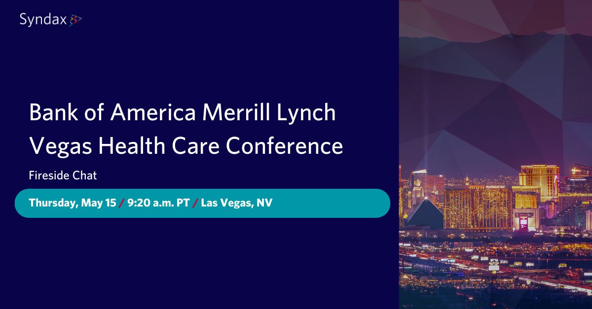 #MarkYourCalendars: Join members of Syndax management for a fireside chat during the Bank of America Merrill Lynch Vegas Health Care conference on Thursday, May 15 at 9:20 a.m. PT/12:20 p.m. ET.

Learn how we are reimagining cancer care by accessing the link below:
