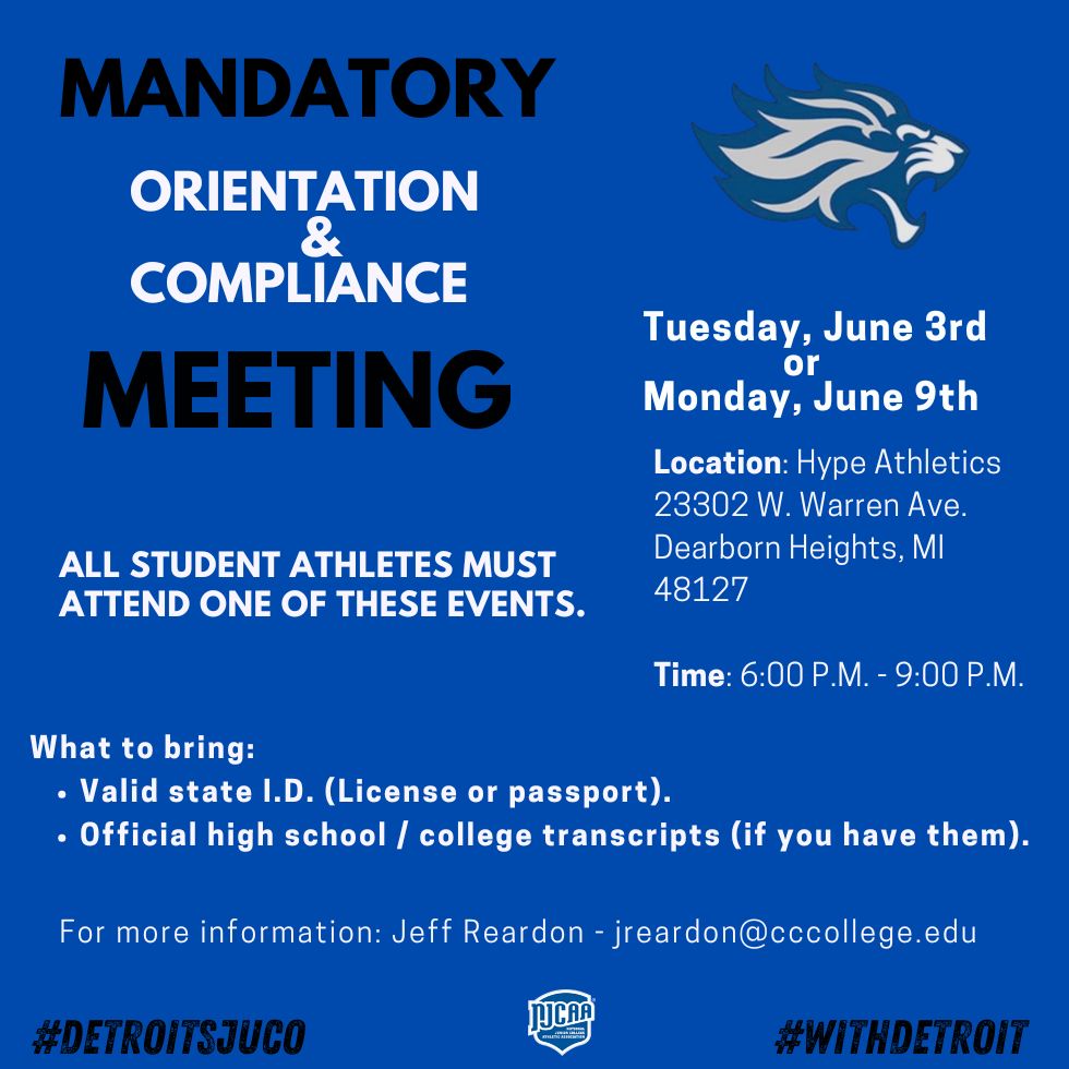 All student athletes must attend one of the orientation dates listed below.

Incoming freshmen and transfers should apply for the summer term. ⬇️
cccollege.edu/apply-now/

#DetroitsJUCO #WithDetroit