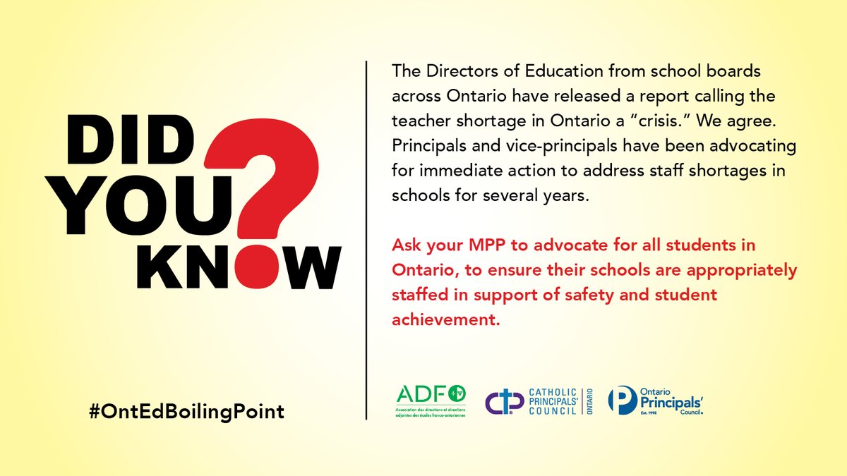 Critical staff shortages continue in schools across Ontario. We need the government to act immediately. #OPCLeadLearn
