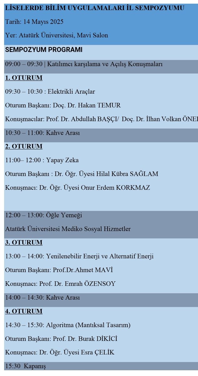 📌Okulumuz öncülüğünde Atatürk Üniversitesi Kemal Bıyıkoğlu Salonu'nda Liselerde Bilim Uygulamaları kapsamında "İl Sempozyumu"düzenlenecektir. Bilim ve teknolojideki son gelişmelerin konuşulacağı bu etkinliğe herkesi bekliyoruz.
<a href="/meb_ogm/">Ortaöğretim Genel Müdürlüğü</a>
<a href="/yakupyildiz024/">Yakup YILDIZ</a>
<a href="/AGazioglu25/">Abdurrahman GAZİOĞLU</a>
<a href="/Yakutiyemem/">YAKUTİYE İLÇE MEM</a>