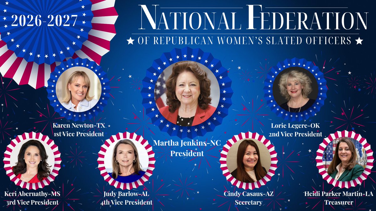 NFRW's tweet photo. The NFRW Nominating Committee presents the 2026-2027 NFRW Slate of Officers:
• President: Martha Jenkins (NC)
• 1st Vice President: Karen Newton (TX)
• 2nd Vice President: Lorie Jack-Legere (OK)
• 3rd Vice President: Keri E. Abernathy (MS)
• 4th Vice President: Judy Barlow (AL)
• Secretary: Cindy Casaus (AZ)
• Treasurer: Heidi Parker Martin (LA)