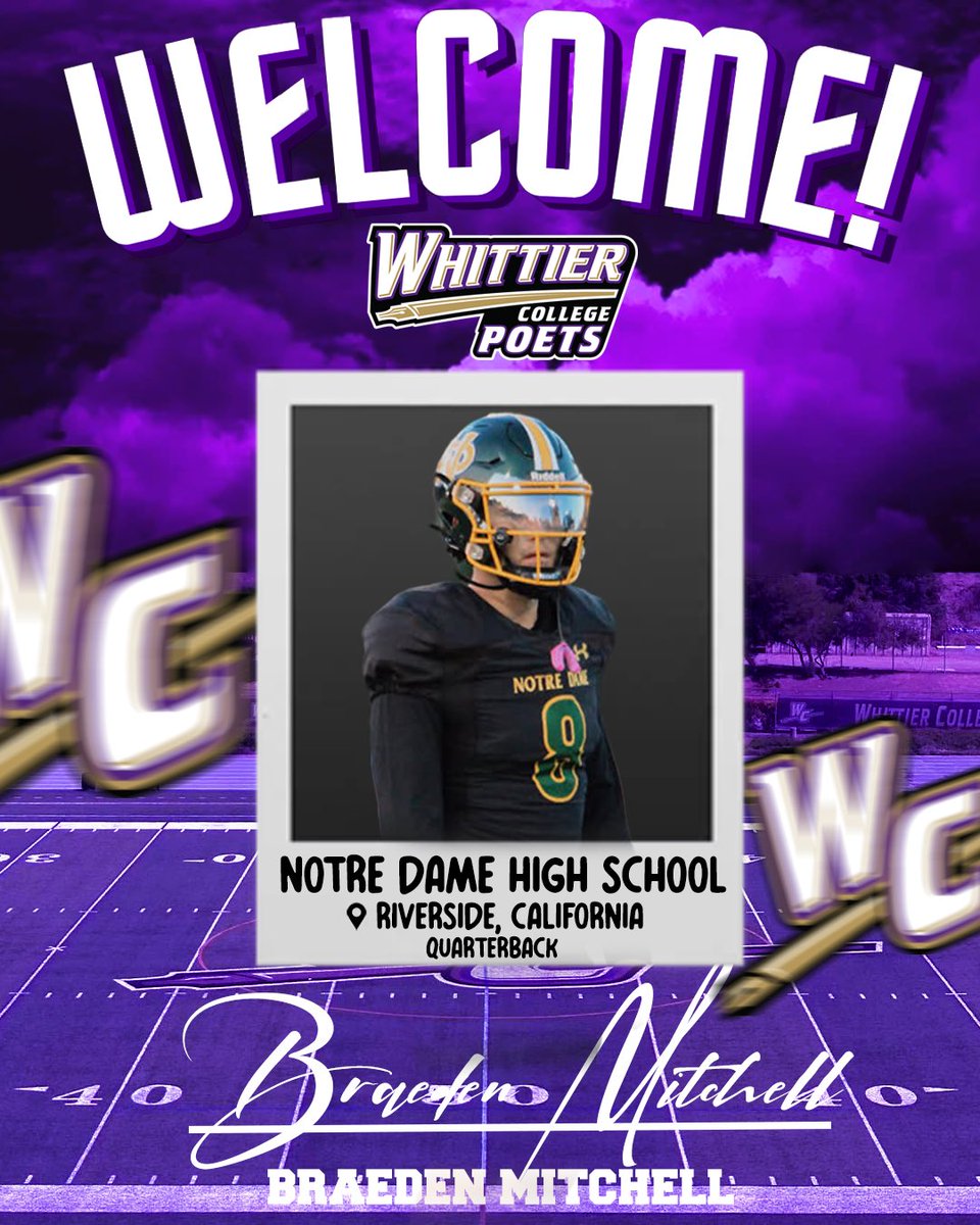 BIG TIME ADDITION!
Help us welcome Braeden Mitchell — QB out of Notre Dame High School (CA)!
The rebuild gets stronger. The standard gets higher. Let’s work!

#PoetBuilt #ReturnofthePoets #WelcomeHome #WhittierCollege

<a href="/NDTitanFootball/">Notre Dame Titans Football</a>
