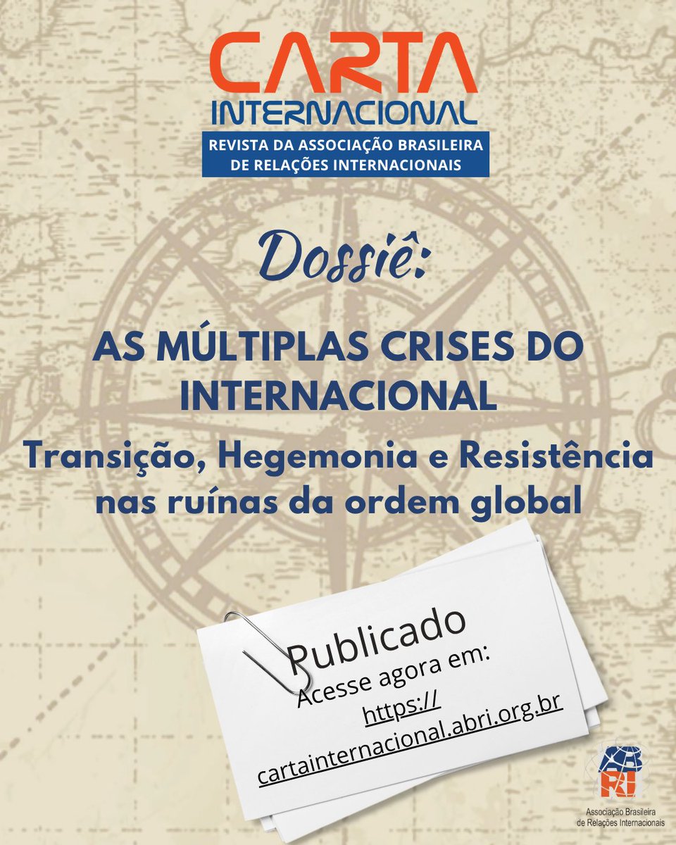 🔎 Este dossiê reúne reflexões fundamentais sobre inquietações e incertezas da ordem internacional contemporânea. 

📚 Confira a Introdução, por Carolina Moulin e Daniel Maurício de Aragão em: cartainternacional.abri.org.br/Carta/article/…

Todos os números disponíveis no site!
#Dossiê #CriseGlobal #RI