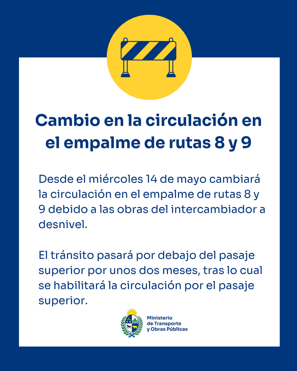 📣Atención. Cambio en la circulación en el empalme de rutas 8 y 9. 
Se solicita circular con precaución, respetar la señalización de obra y los límites de velocidad establecidos, así como planificar su viaje considerando los posibles tiempos de demora. 
Más info en nuestro sitio