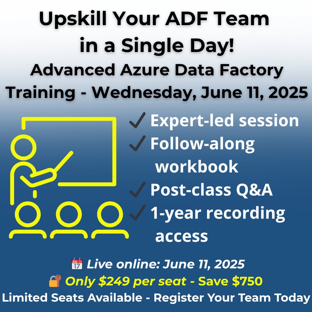 TheDatanista's tweet image. 💼 Managers - want to upgrade your ADF team without losing them for a full week?

This 1-day Advanced Azure Data Factory Training delivers 𝒓𝒆𝒂𝒍 𝒓𝒆𝒔𝒖𝒍𝒕𝒔 in just 6 hours!

🔗 entdna.com/product/advanc…

@AndyLeonard @jasonhorner #AzureDataFactory