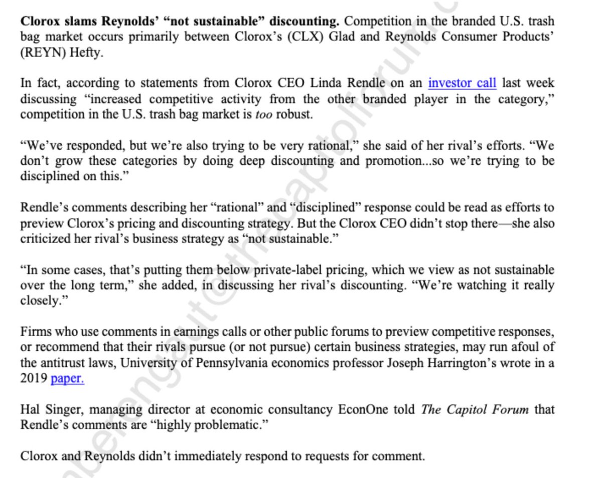 Companies use earnings calls to invite rivals to collude and to cajole rivals into *not* competing on price, exhibit 173.

Kudos to Max Berengaut at <a href="/Capitol_Forum/">The Capitol Forum</a> for capturing this gem in the trash bag industry. 

The <a href="/FTC/">FTC</a> can police this conduct under Section 5 of the FTC Act.