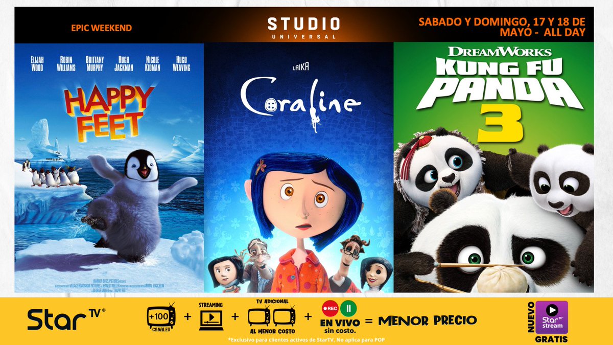 StarTVMx's tweet photo. 🎬 Este finde es de pelis para chicos… ¡y también para grandes! 🍿

Disfruten en familia lo mejor de @SUniversalTv por el canal 412 con #StarTV. 📺

#StudioUniversal #ArmateComoQuieras https://t.co/5UojrL7Yzx