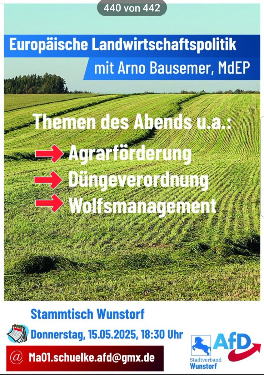 Bericht aus dem #EUParlament! 
Wie steht es um unsere Landwirtschaft?
Was  wird an den Schreibtischen der brüsseler Bürokraten wieder neues ausgeheckt?
Diese Fragen beantwortet <a href="/ArnoBausemerAfD/">Arno Bausemer</a> am kommenden Donnerstag beim Stammtisch der <a href="/AfDWunstorf/">AfD-Stadtverband Wunstorf</a>.
Seid dabei! Wir freuen uns!