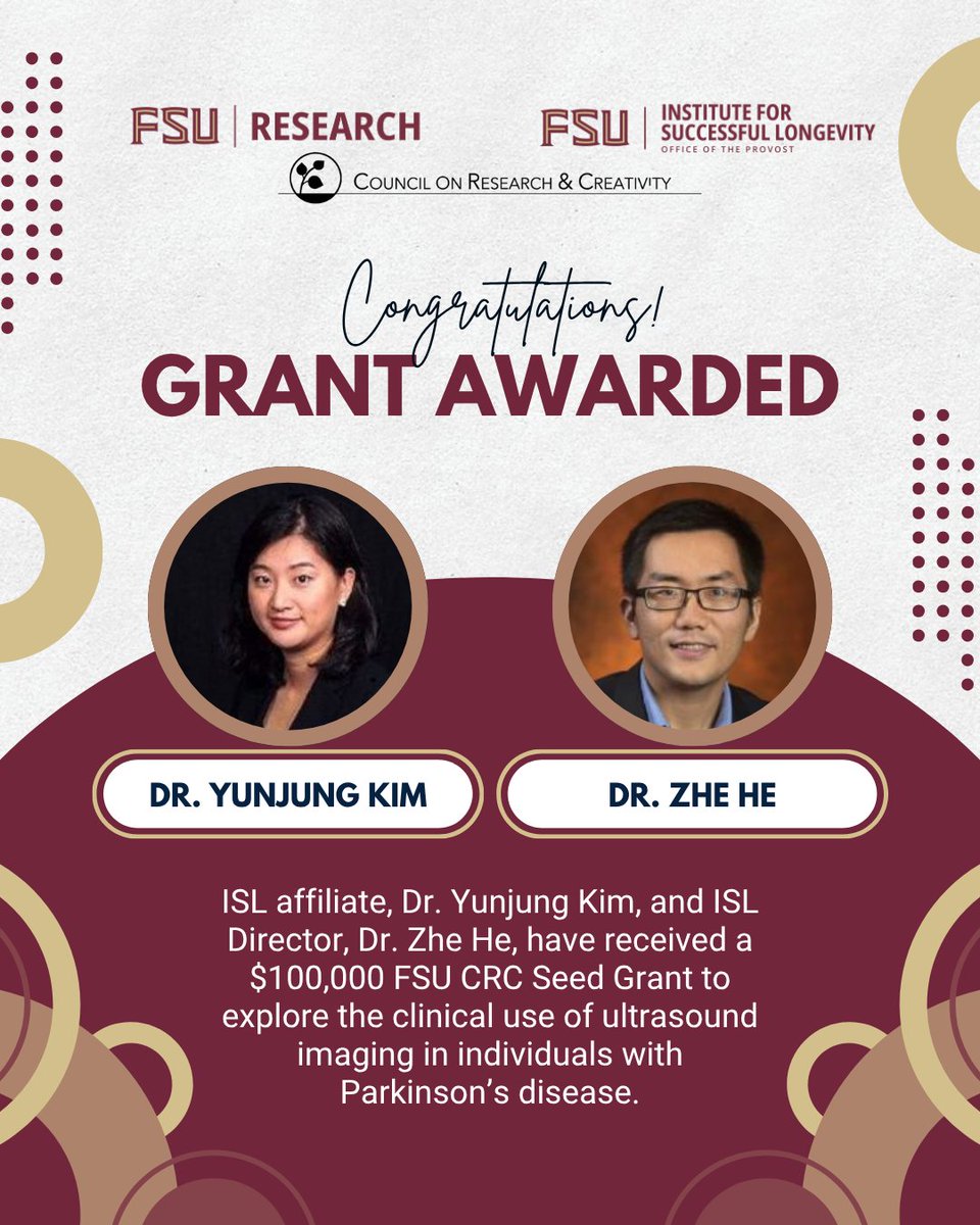 🎉 GRANT AWARDED!

Congrats to ISL affiliates Dr. Yunjung Kim and Dr. Zhe He on receiving a $100,000 FSU CRC Seed Grant!

#FSUISL #CRCGrant #ParkinsonsResearch #HealthyAging #FSUResearch