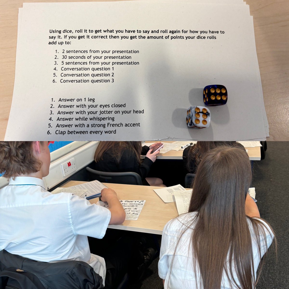 WilliamwoodHS's tweet photo. 3C1 French did lots of talking and writing challenges today with Mr McCormick to get ready for their S3 exams! They had to roll the dice and work in groups to complete all the tasks while speaking or writing exclusively in French π«π· #WWHSModLangs https://t.co/qhR7i5lZ6n