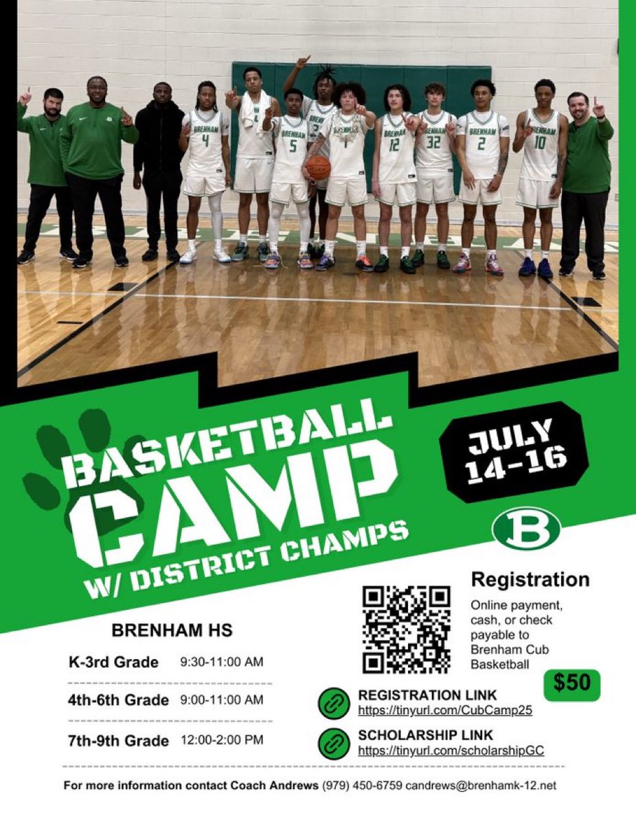 Brenham Cub Basketball (@bhscubhoops) on Twitter photo Summer Break is coming fast, plan your vacation with the Champs!
Brenham Cub Basketball Camp 2025!
July 14-16! K-9th
Online Sign Up: tinyurl.com/CubCamp25
<a href="/BrenhamHS/">Brenham High School</a> <a href="/BrenBoosterClub/">Brenham Booster Club</a> <a href="/BrenhamJHS/">Brenham Junior High</a> <a href="/BrenhamJr/">Brenham Jr. High Athletics</a> <a href="/BrenhamMiddle/">Brenham MiddleSchool</a> <a href="/BrenhamCubAth/">Brenham HS Athletics</a> <a href="/KrauseElem/">Krause Elementary</a> <a href="/AltonElementary/">Alton Elementary</a> <a href="/BrenhamElem/">Brenham Elementary</a> Summer Break is coming fast, plan your vacation with the Champs!
Brenham Cub Basketball Camp 2025!
July 14-16! K-9th
Online Sign Up: tinyurl.com/CubCamp25
<a href="/BrenhamHS/">Brenham High School</a> <a href="/BrenBoosterClub/">Brenham Booster Club</a> <a href="/BrenhamJHS/">Brenham Junior High</a> <a href="/BrenhamJr/">Brenham Jr. High Athletics</a> <a href="/BrenhamMiddle/">Brenham MiddleSchool</a> <a href="/BrenhamCubAth/">Brenham HS Athletics</a> <a href="/KrauseElem/">Krause Elementary</a> <a href="/AltonElementary/">Alton Elementary</a> <a href="/BrenhamElem/">Brenham Elementary</a>