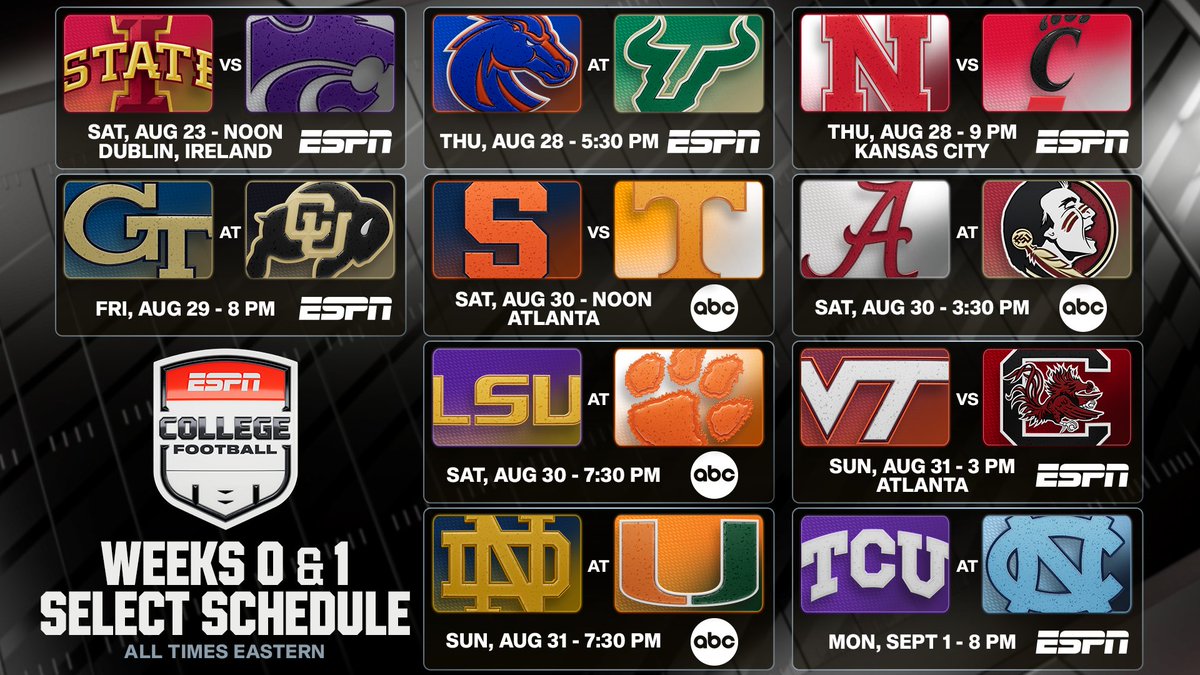 ESPN PR (@espnpr) on Twitter photo ESPN unveils high-profile early season <a href="/ESPNCFB/">ESPN College Football</a> games during #DisneyUpfront, featuring 8 ranked teams:
๐ #2 <a href="/ClemsonFB/">Clemson Football</a>, #6 <a href="/LSUfootball/">LSU Football</a>, #7 <a href="/NDFootball/">Notre Dame Football</a> & #9 <a href="/AlabamaFTBL/">Alabama Football</a>
๐ #13 <a href="/GamecockFB/">Gamecock Football</a>, #14 <a href="/CycloneFB/">Iowa State Football</a>, #18 <a href="/KStateFB/">K-State Football</a> & #21 <a href="/CanesFootball/">Miami Hurricanes Football</a>
More: bit.ly/4j4fYVr ESPN unveils high-profile early season <a href="/ESPNCFB/">ESPN College Football</a> games during #DisneyUpfront, featuring 8 ranked teams:
๐ #2 <a href="/ClemsonFB/">Clemson Football</a>, #6 <a href="/LSUfootball/">LSU Football</a>, #7 <a href="/NDFootball/">Notre Dame Football</a> & #9 <a href="/AlabamaFTBL/">Alabama Football</a>
๐ #13 <a href="/GamecockFB/">Gamecock Football</a>, #14 <a href="/CycloneFB/">Iowa State Football</a>, #18 <a href="/KStateFB/">K-State Football</a> & #21 <a href="/CanesFootball/">Miami Hurricanes Football</a>
More: bit.ly/4j4fYVr