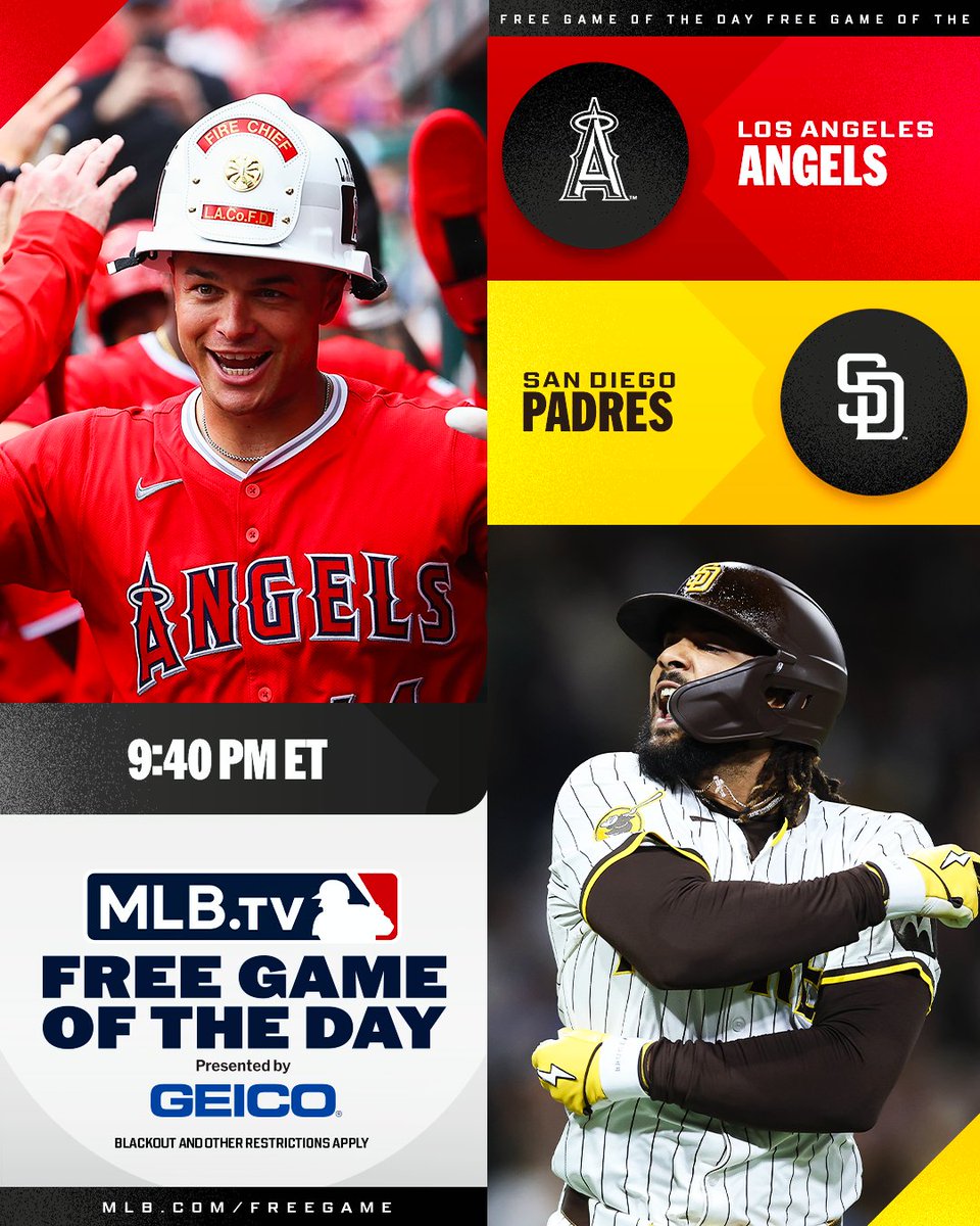 MLB.TV (@mlbtv) on Twitter photo Logan O'Hoppe and the <a href="/Angels/">Los Angeles Angels</a> look to take the first two games of their series against Fernando Tatis Jr. and the <a href="/Padres/">San Diego Padres</a>.
Watch for FREE at 9:40 PM ET on #MLBTV.
(MLB x GEICO) Logan O'Hoppe and the <a href="/Angels/">Los Angeles Angels</a> look to take the first two games of their series against Fernando Tatis Jr. and the <a href="/Padres/">San Diego Padres</a>.
Watch for FREE at 9:40 PM ET on #MLBTV.
(MLB x GEICO)