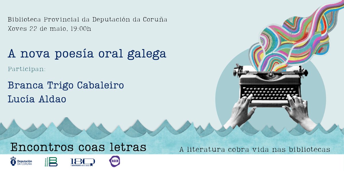 Deputación da Coruña (@depucoruna) on Twitter photo 📖 O vindeiro xoves, 22 de maio, terá lugar o primeiro dos 'Encontros coas letras'!
👥 As poetas Branca Trigo Cabaleiro e Lucía Aldao serán as primeiras protagonistas desta iniciativa.
📍 Agardámosvos ás 19:00 horas na Biblioteca Provincial da <a href="/Depucoruna/">Deputación da Coruña</a>. 📖 O vindeiro xoves, 22 de maio, terá lugar o primeiro dos 'Encontros coas letras'!
👥 As poetas Branca Trigo Cabaleiro e Lucía Aldao serán as primeiras protagonistas desta iniciativa.
📍 Agardámosvos ás 19:00 horas na Biblioteca Provincial da <a href="/Depucoruna/">Deputación da Coruña</a>.