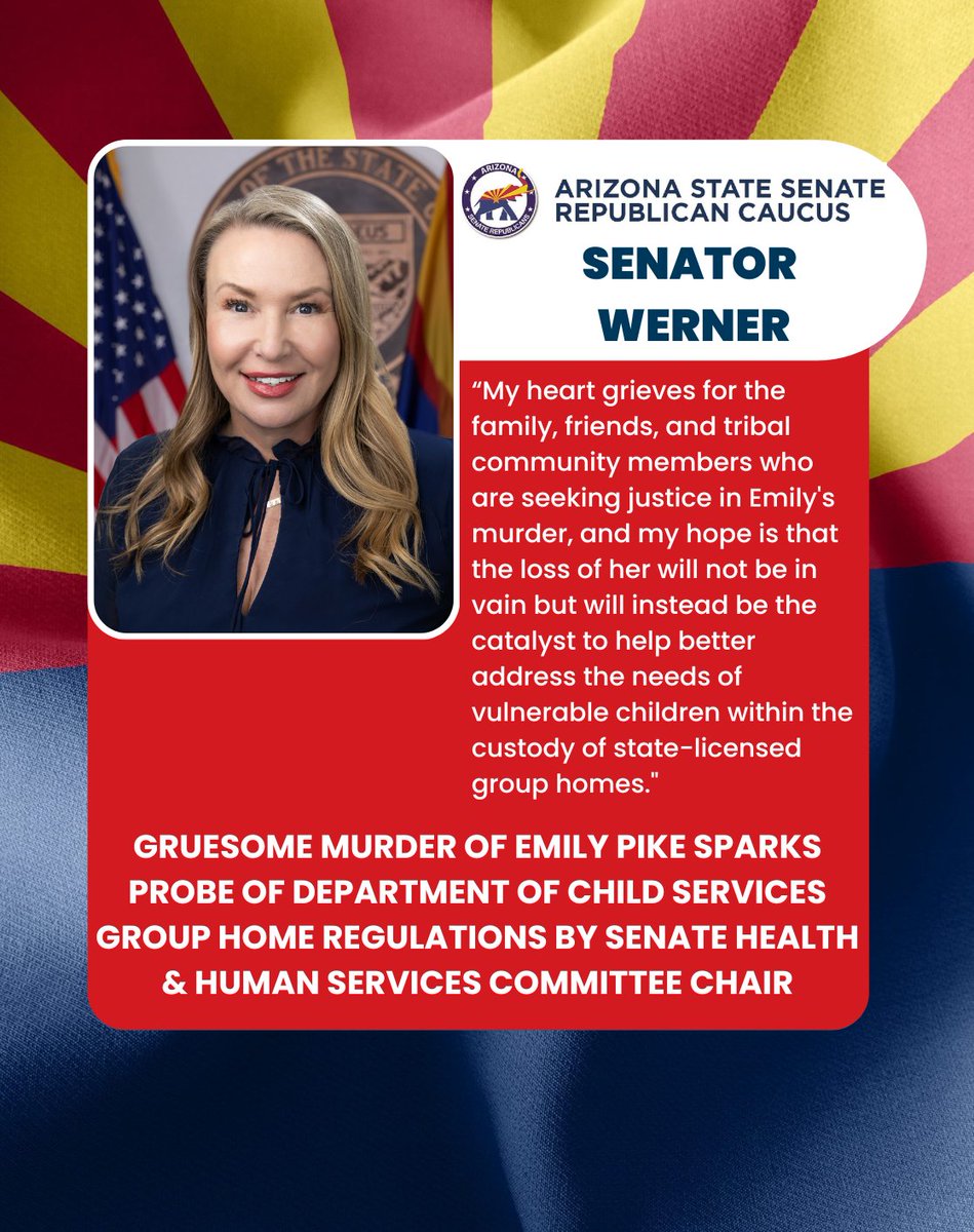 AZSenateGOP's tweet image. 🚨FOR IMMEDIATE RELEASE: Gruesome Murder of Emily Pike Sparks Probe of Department of Child Services Group Home Regulations by Senate Health &amp;amp; Human Services Committee Chair

Full Press Release: azsenaterepublicans.gov/post/gruesome-…

@CarineWerner