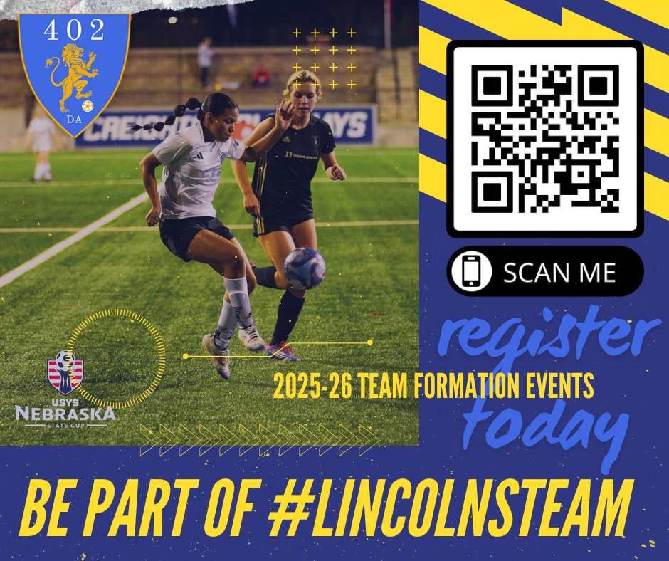 402DA_'s tweet photo. Team formation registration is OPEN! 402 DA offers opportunity for players of every level. Whether your goal is to play Division 1 collegiate soccer or simply learn the game, we have a place for you! Be a part of #lincolnsteam!
Find the link in our bio to register! https://t.co/qXdEP2fM4i