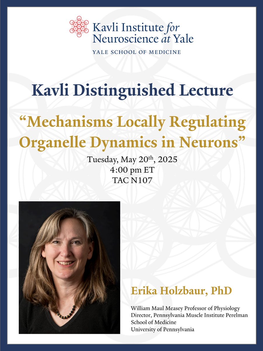 Yale Kavli Institute for Neuroscience (@kavliatyale) on Twitter photo In 1⃣ week, on May 20th, we are delighted to host Erika Holzbaur, PhD, from <a href="/PennMedicine/">Penn Medicine</a> & <a href="/PennMuscle/">PennMuscle</a>, who will give the 2025 <a href="/KavliAtYale/">Yale Kavli Institute for Neuroscience</a> Distinguished Lecture✨
This event is open to all <a href="/Yale/">Yale University</a> affiliates, and a reception will follow. In 1⃣ week, on May 20th, we are delighted to host Erika Holzbaur, PhD, from <a href="/PennMedicine/">Penn Medicine</a> & <a href="/PennMuscle/">PennMuscle</a>, who will give the 2025 <a href="/KavliAtYale/">Yale Kavli Institute for Neuroscience</a> Distinguished Lecture✨
This event is open to all <a href="/Yale/">Yale University</a> affiliates, and a reception will follow.