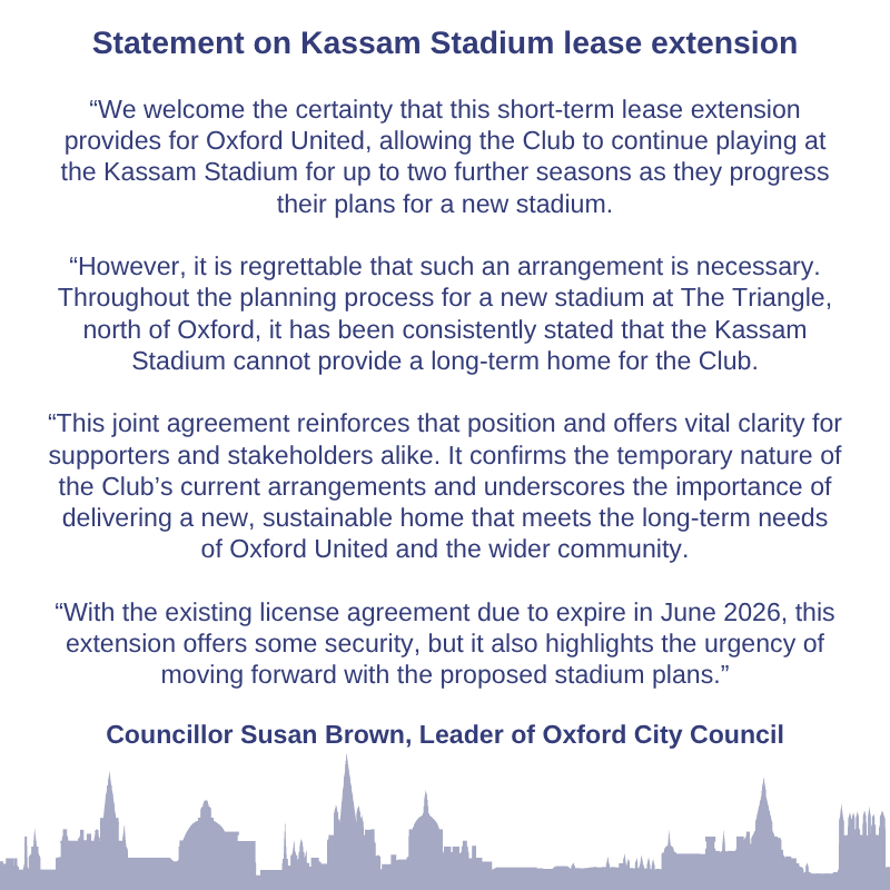 Statement on Kassam Stadium lease extension from Councillor Susan Brown, Leader of Oxford City Council.
